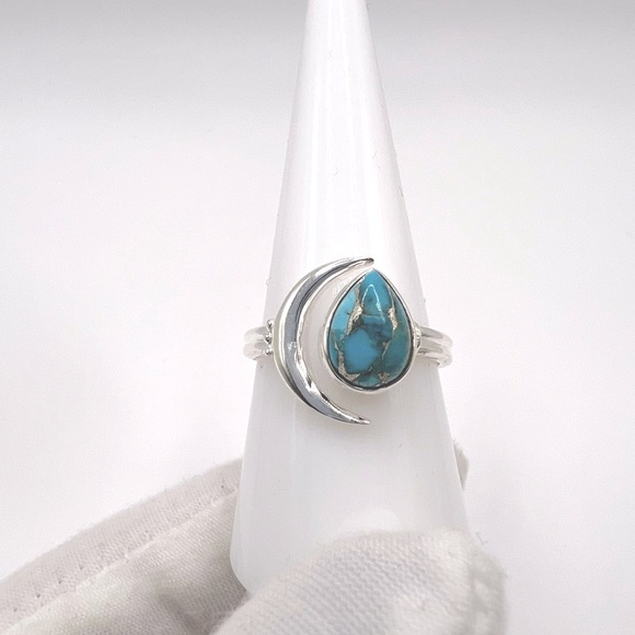 Genuine Copper Turquoise .925 Sterling Silver Moon Teardrop Ring - Picture 6 of 15
